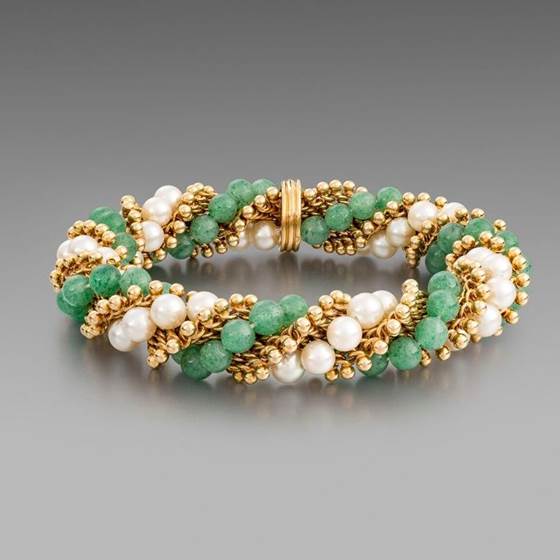 Aventurine quartz and cultured pearl bracelet, ‘Twist’