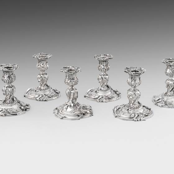 A Set of Six Louis XV Style First Standard Silver Gilt Candlesticks