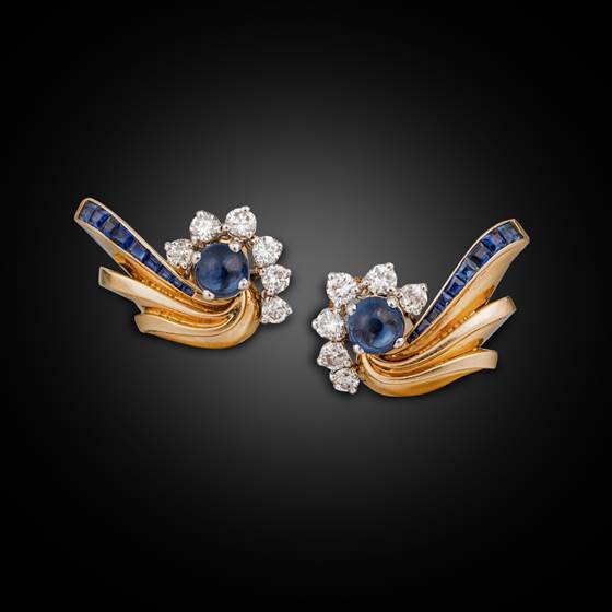 A Pair of Retro Sapphire, Diamond & Gold Earrings, Paris, late 1940s 