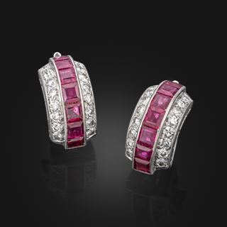 A pair of art deco ruby and diamond ear clips