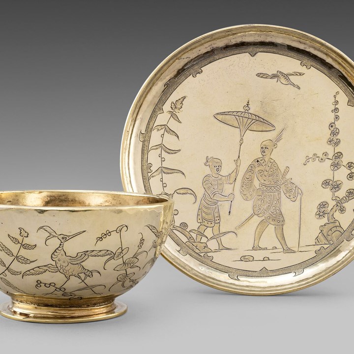 silver tea cup chinoiserie gilt gold antique silver rare London saucer Charles ii early silver-gilt best rarest gold chinese English 
