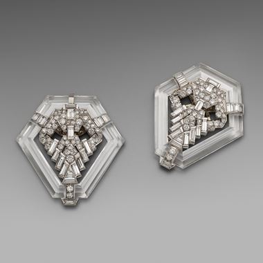 A Rare and Unusual Pair of Art Deco Carved Rock Crystal and Diamond Clip Brooches
