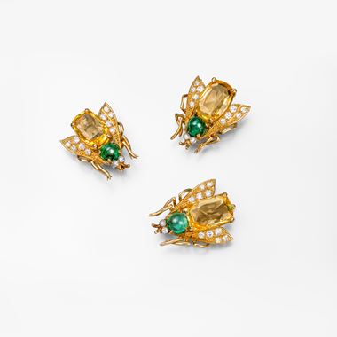 Three yellow sapphire, emerald and diamond brooches, 'Abeille'