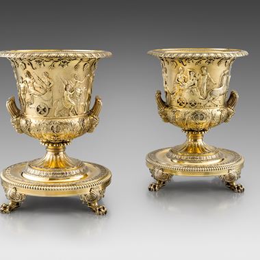 A Highly Important Pair of Silver-Gilt Wine Coolers & Stands