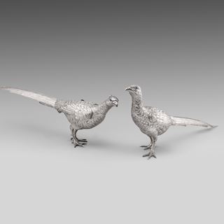 A Beautifully Modelled Pair of French Silver Pheasants with Cabochon Sapphire Eyes 