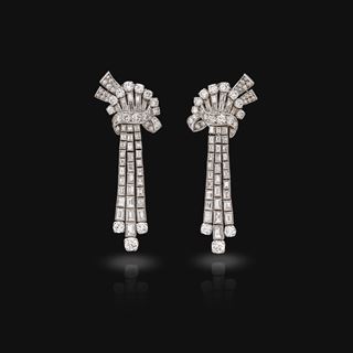A pair of mid-century diamond pendant ear clips, 1950s