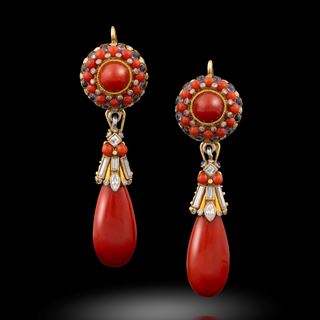 A pair of coral, diamond and sapphire ear pendants