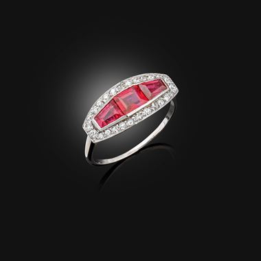 An Art Deco Ruby and Diamond Geometric Cluster Ring