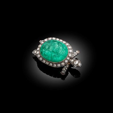 An antique Colombian emerald and diamond turtle brooch,  French circa 1870