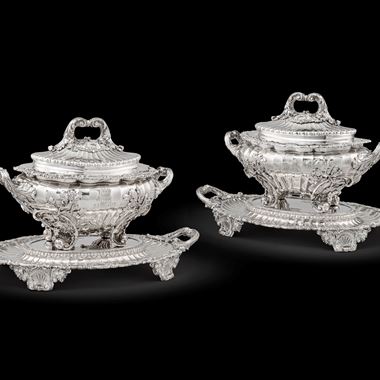 A pair of George IV silver tureens, covers and stands from the Duchess of St. Albans Service