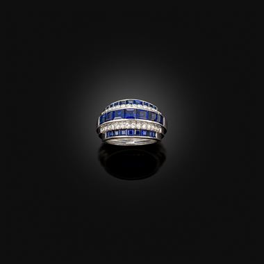A sapphire and diamond bombe ring