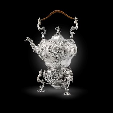 A George II kettle, stand and lamp in the Chinoiserie taste