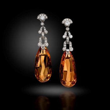 Pair of golden orange topaz briolette and diamond pendant earrings