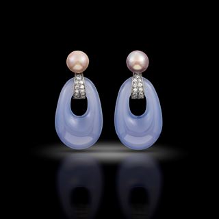 A pair of natural pearl, diamond and chalcedony earrings, Monture Cartier