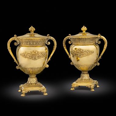 A Pair of French Silver-Gilt Covered Vases