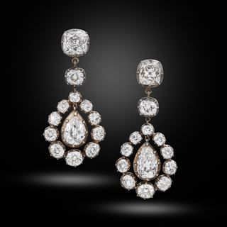 A pair of old pear and cushion cut diamond cluster pendant earrings, circa 1850