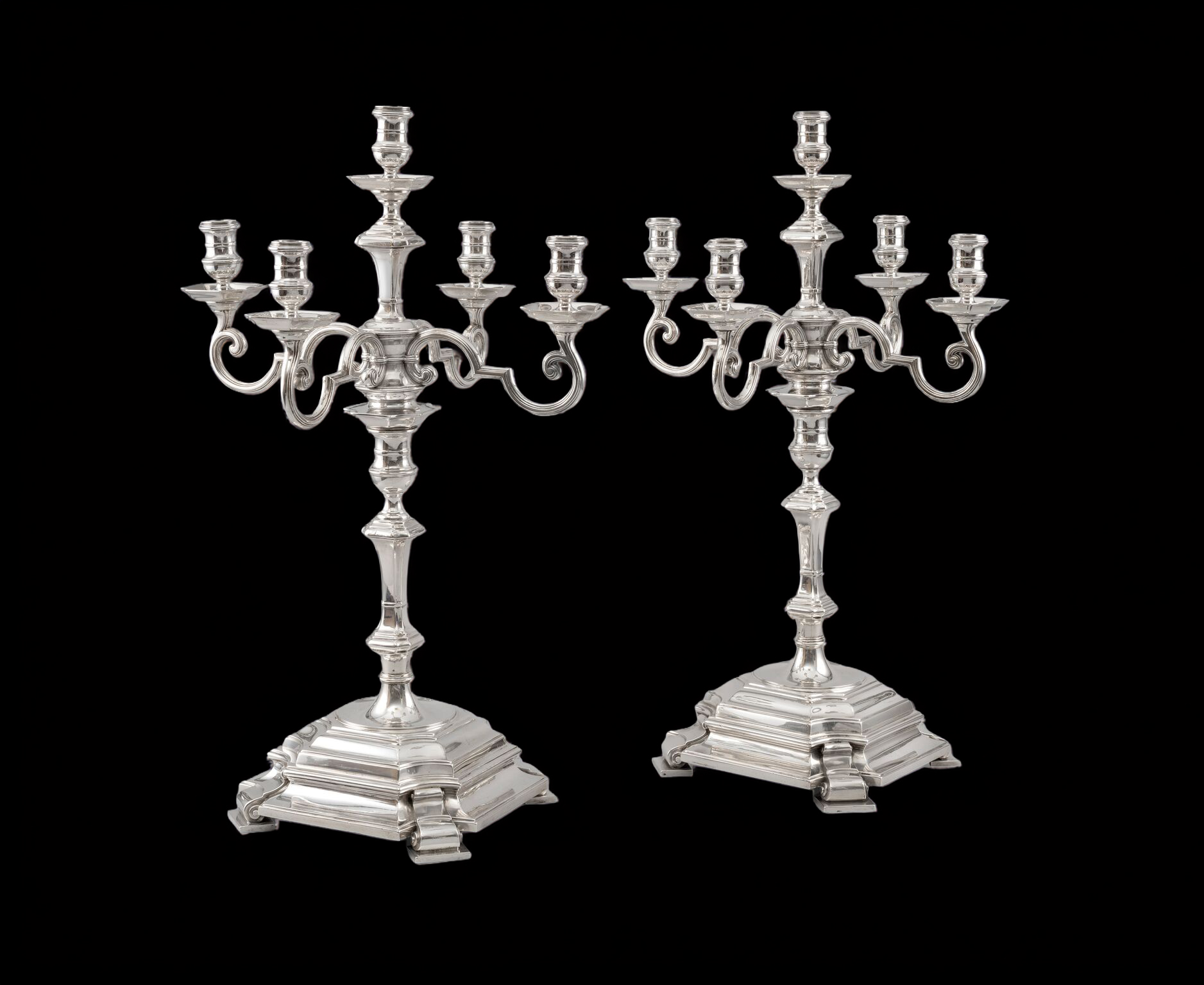 A Magnificent Pair of Five-Light Silver Candelabra from the Painted Hall at Greenwich