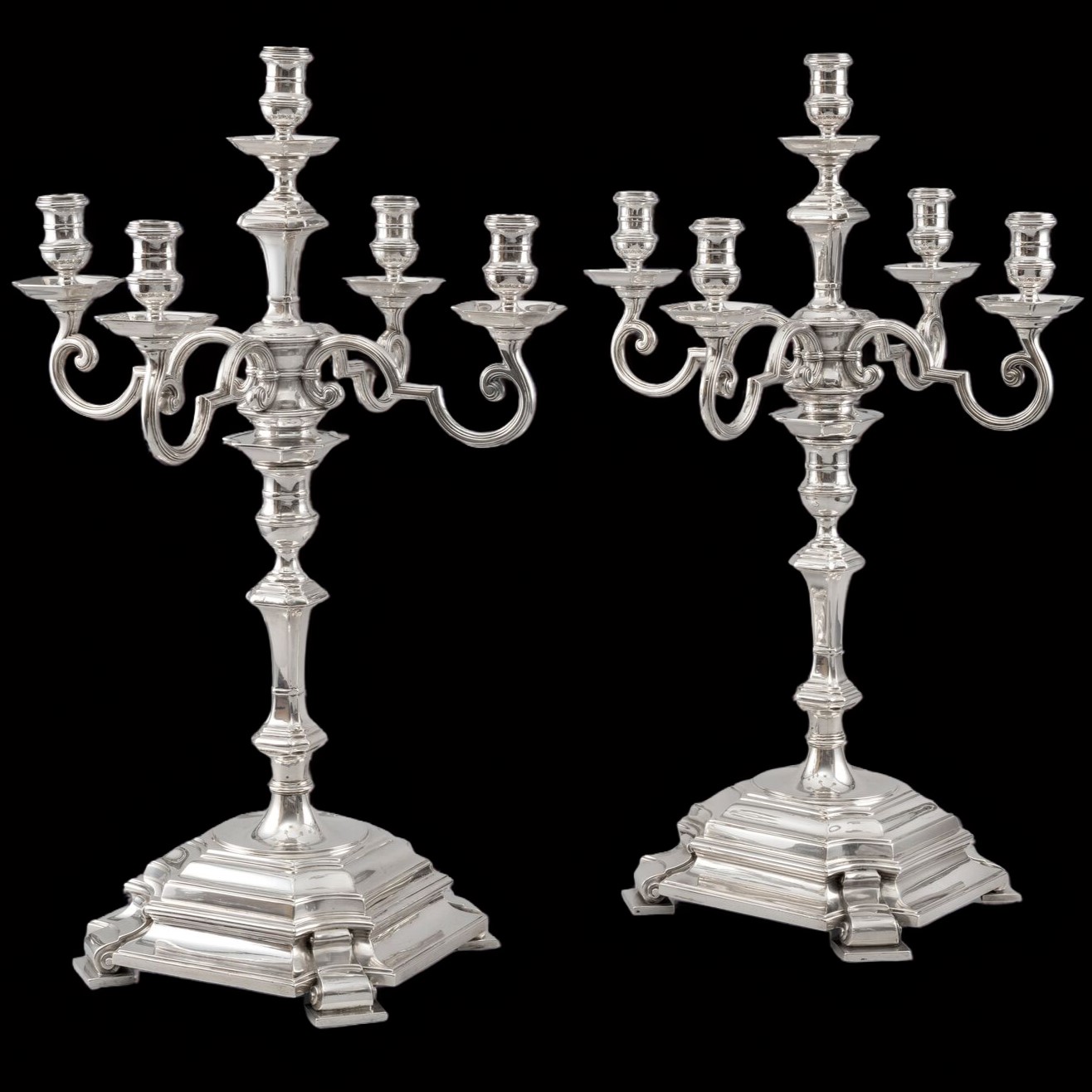 A Magnificent Pair of Five-Light Silver Candelabra from the Painted Hall at Greenwich