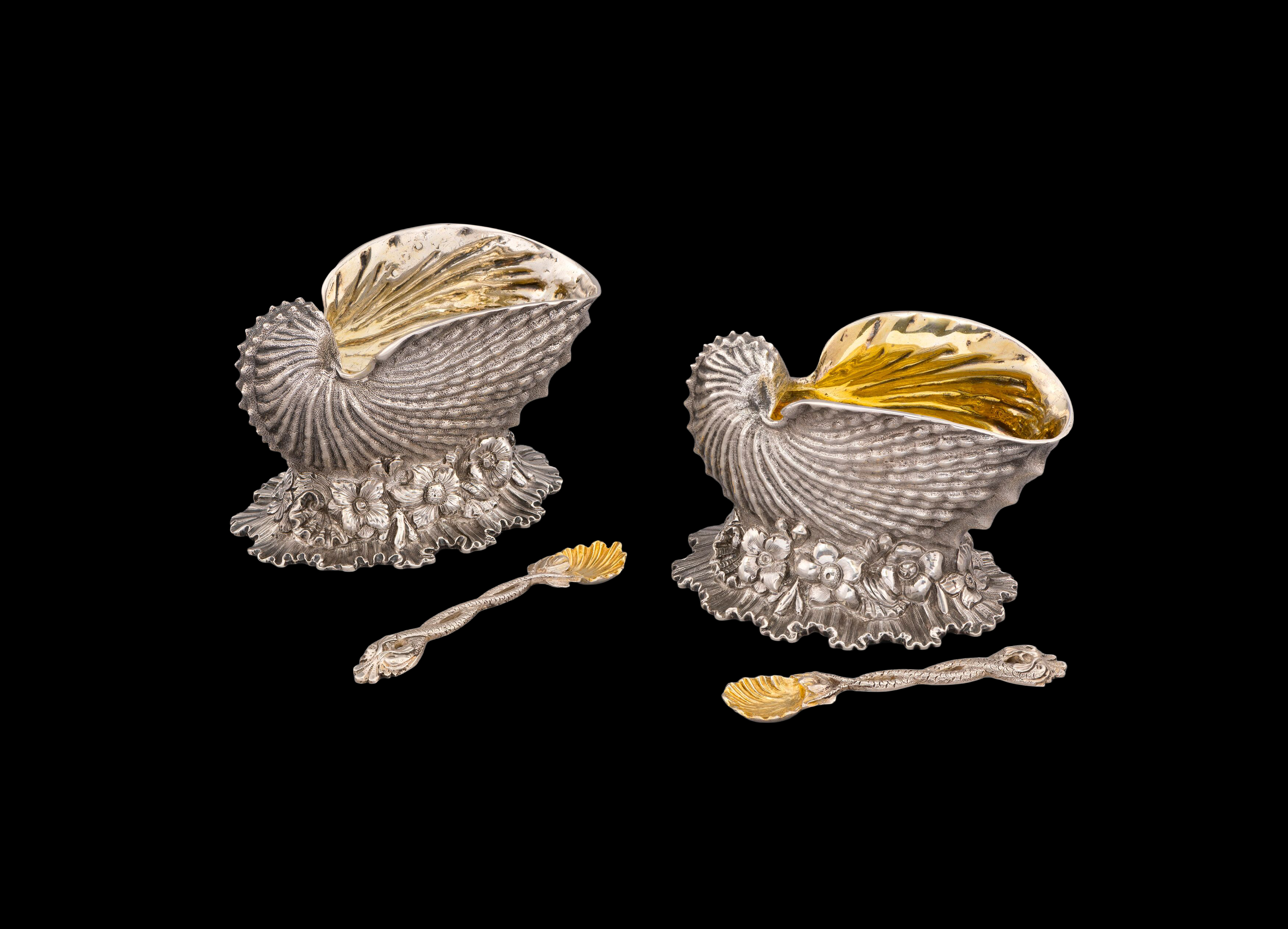 A Pair of William IV Shell Salt Cellars and Spoons