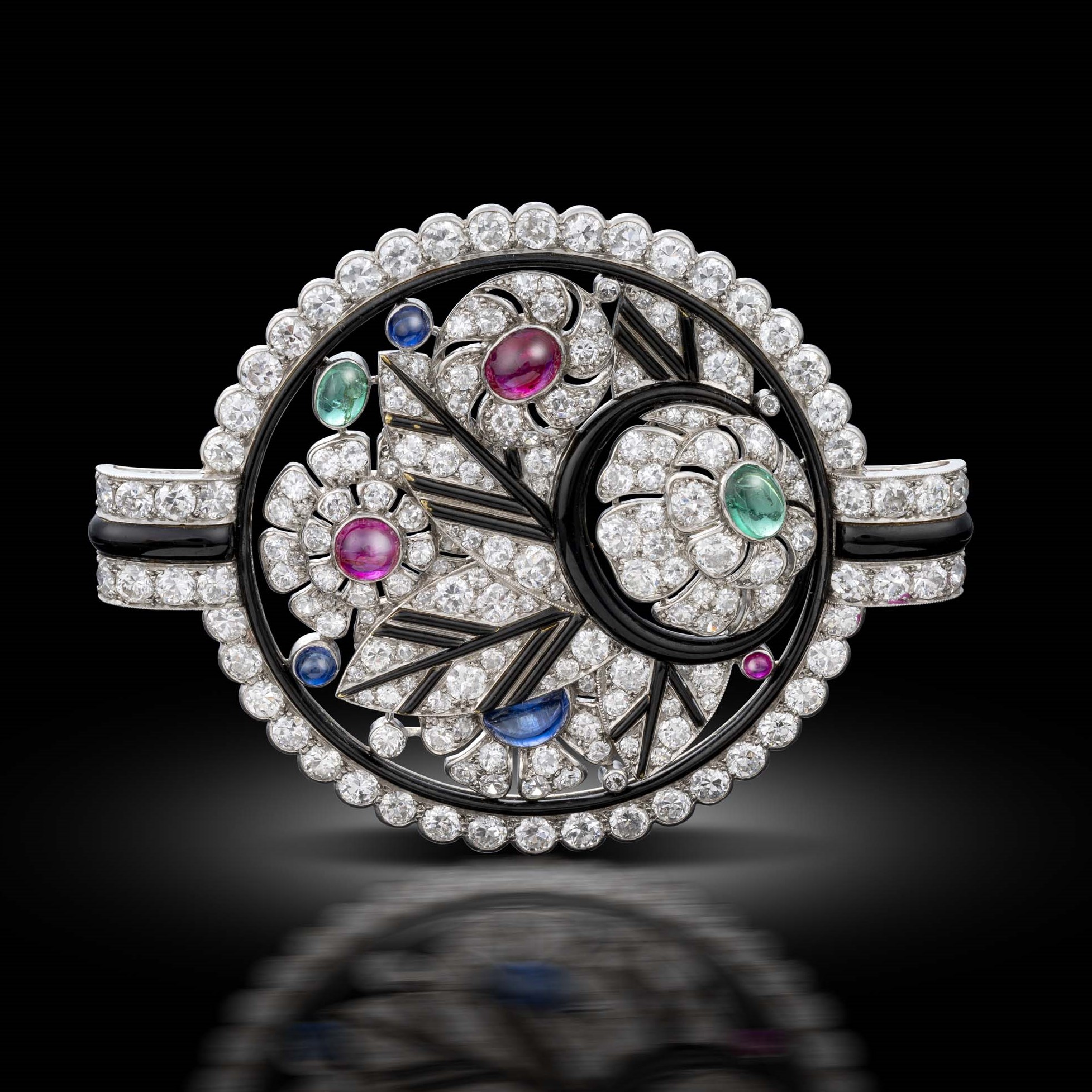 Art Deco multi-gem-set and enamel brooch, circa 1925