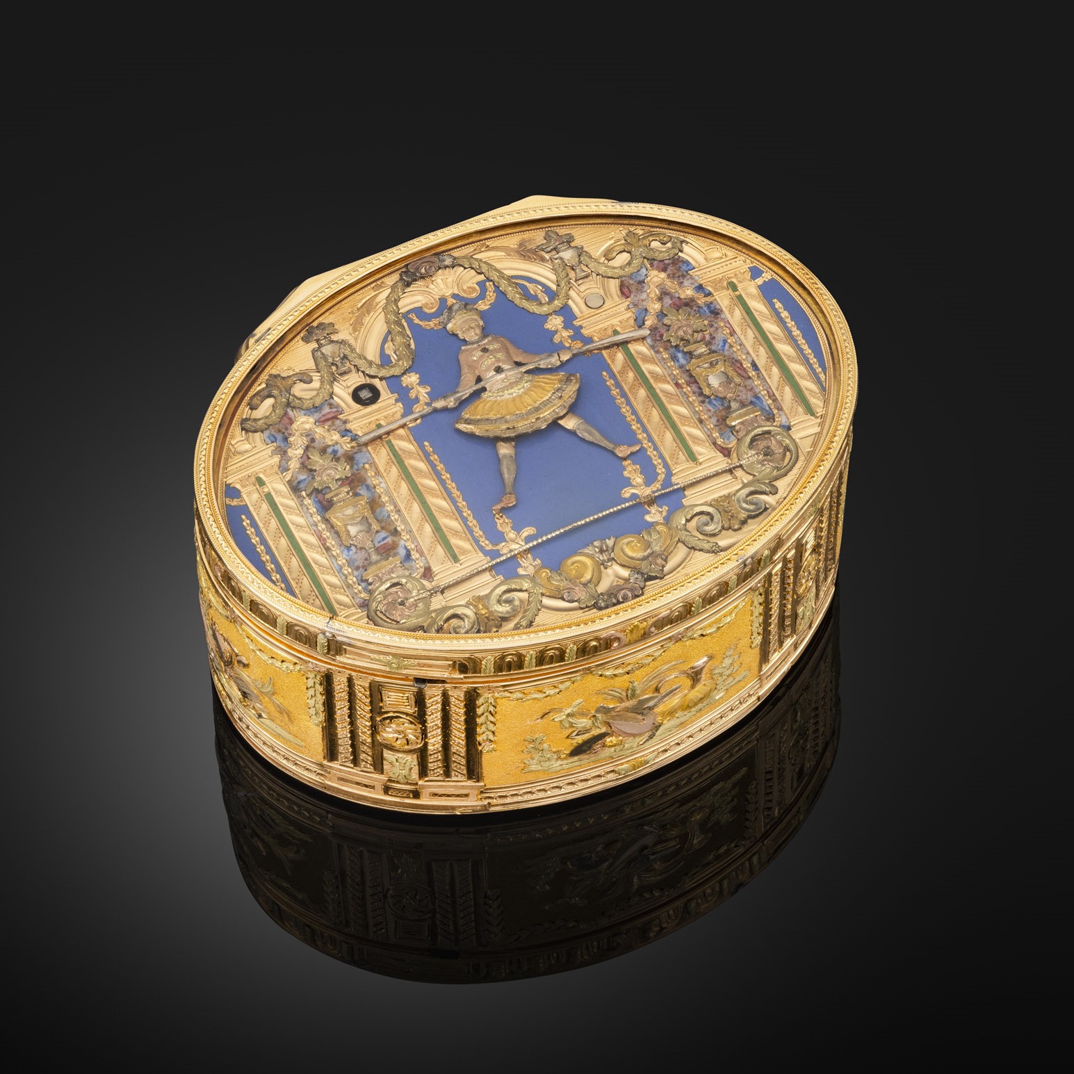 A Swiss Enamelled Four-Colour Gold Tightrope Dancer Automaton Musical Box