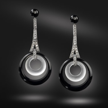 A pair of art deco onyx, rock crystal and diamond earrings