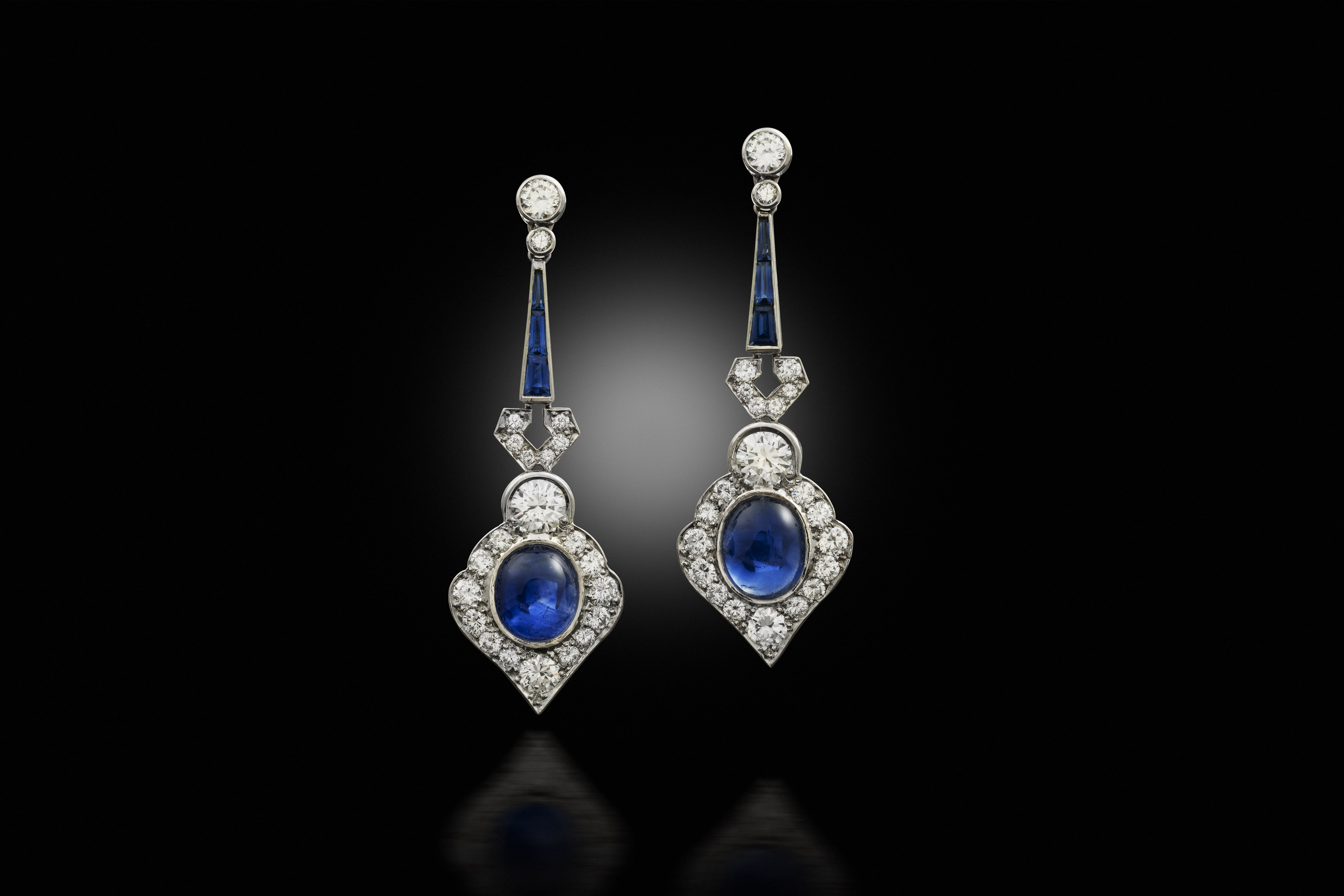 A pair of sapphire and diamond drop earrings, circa 1950