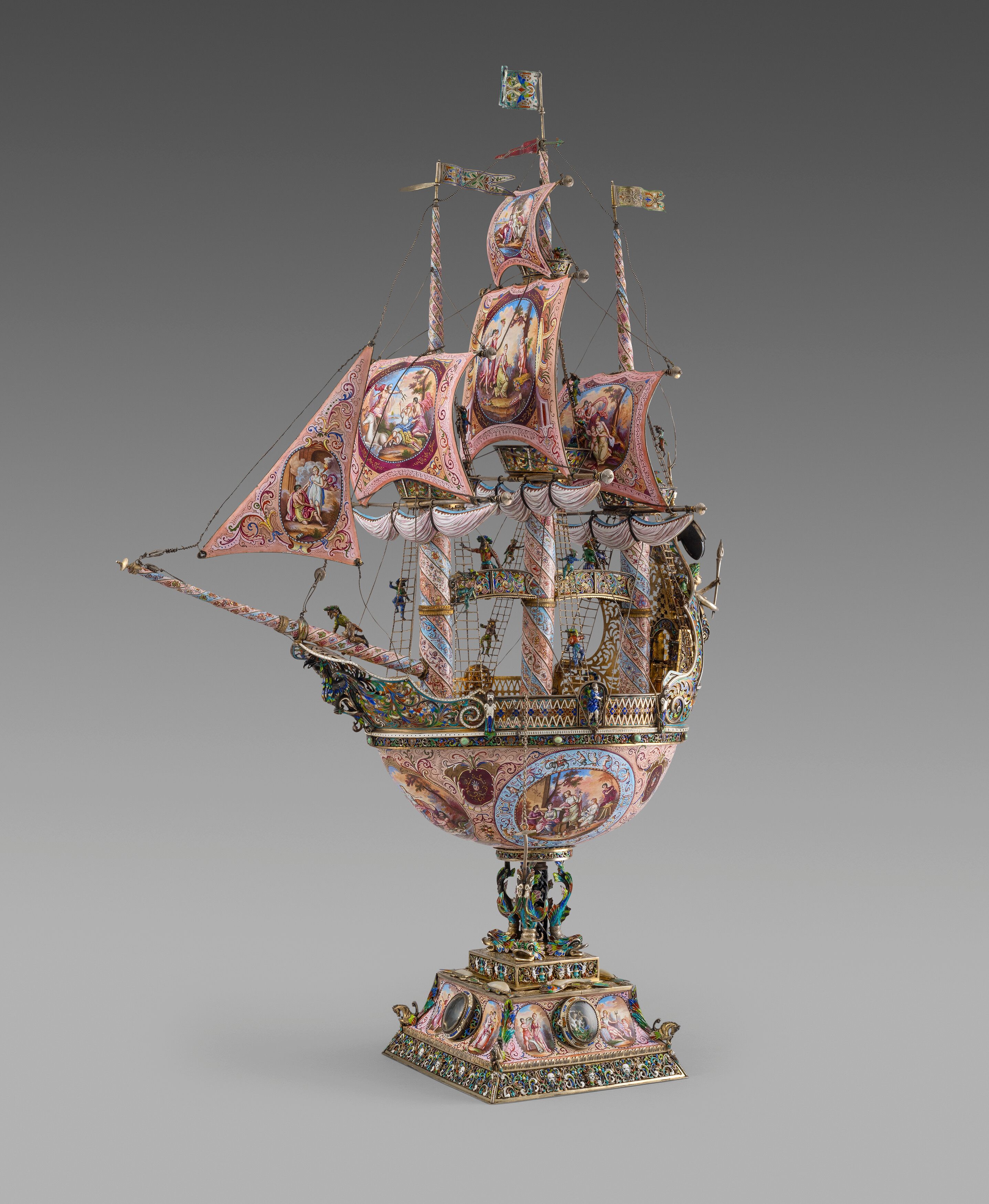 An Exceptional Austrian  Silver, Enamel and Mother of Pearl Nef 