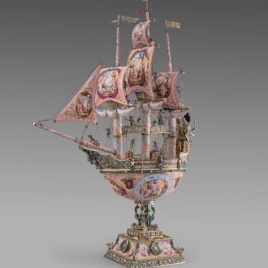 An Exceptional Austrian  Silver, Enamel and Mother of Pearl Nef