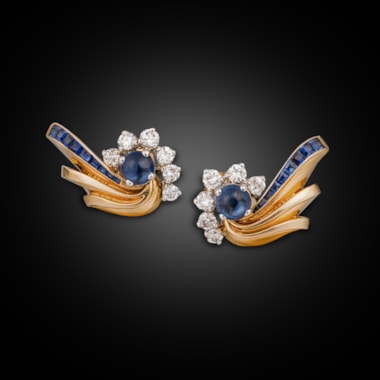 A pair of retro sapphire, diamond & gold earrings, Paris, late 1940s
