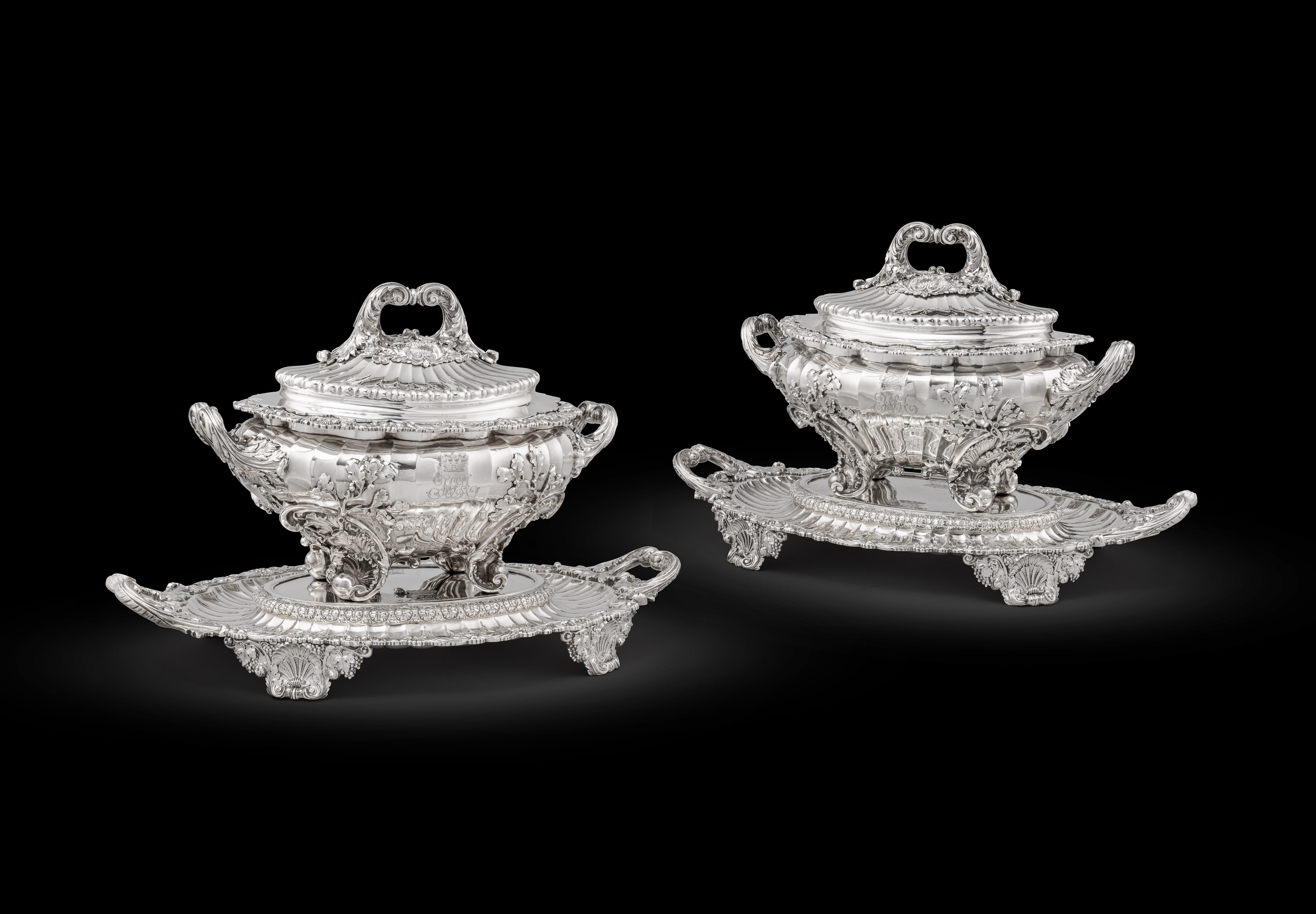 A pair of George IV silver tureens, covers and stands from the Duchess of St. Albans Service
