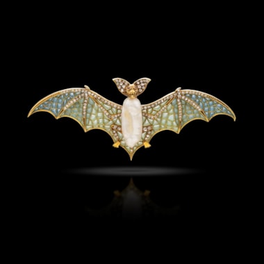 A plique a jour, blister pearl and diamond bat brooch, circa 1910