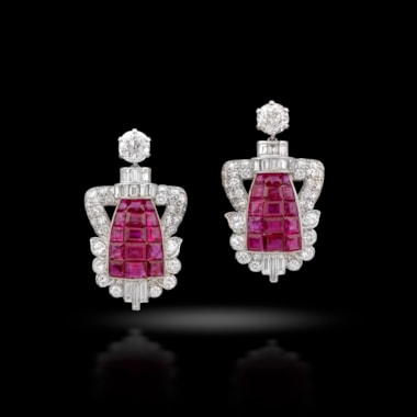 A pair of ruby and diamond ear pendants, circa 1925