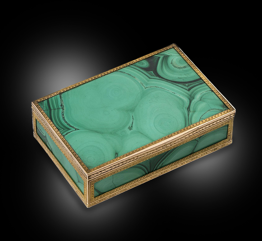 A Rare Gold, Malachite & Moss Agate Box 
