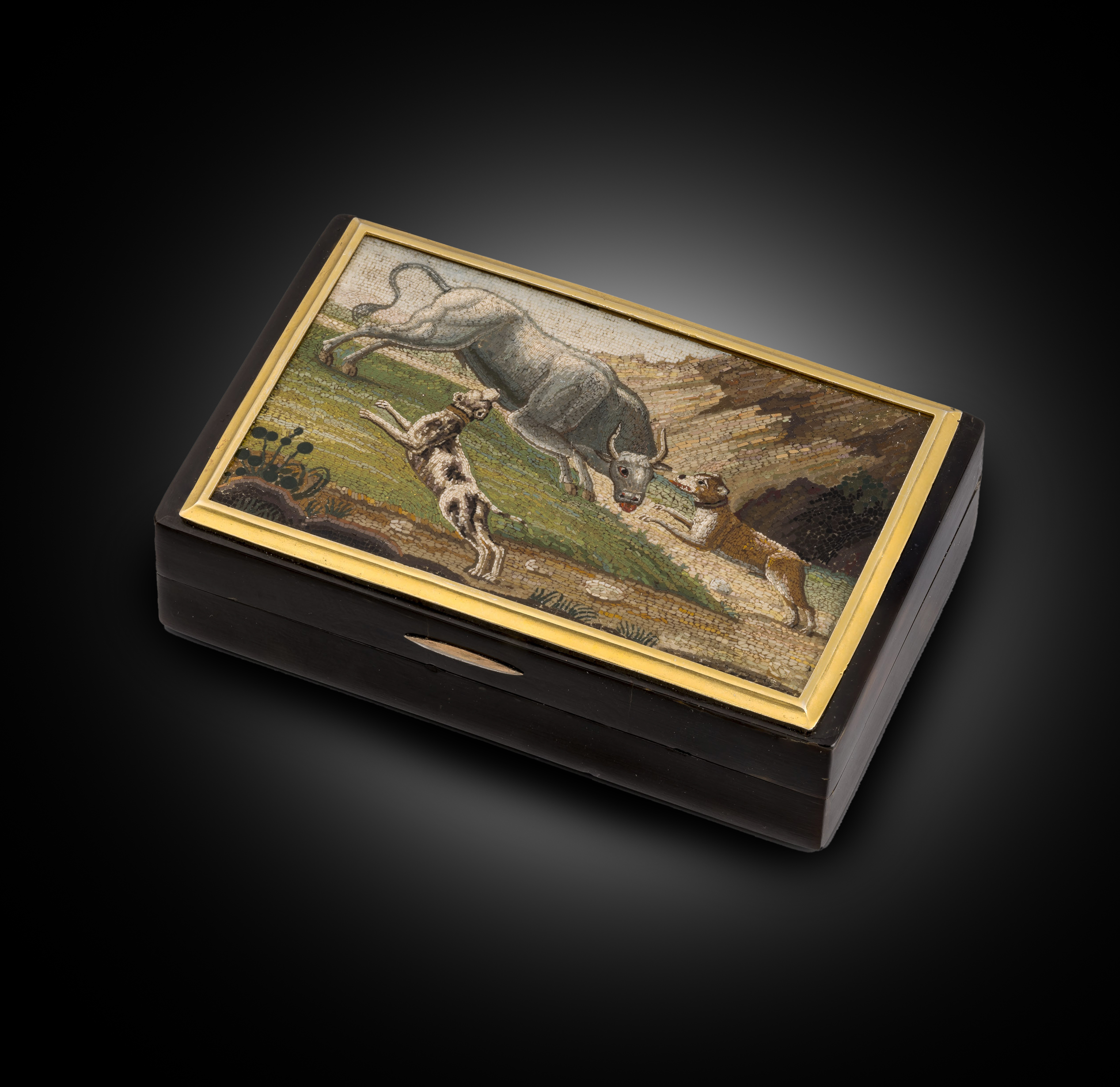 An 18th Century Micromosaic of A Bull & Two Hunting Hounds