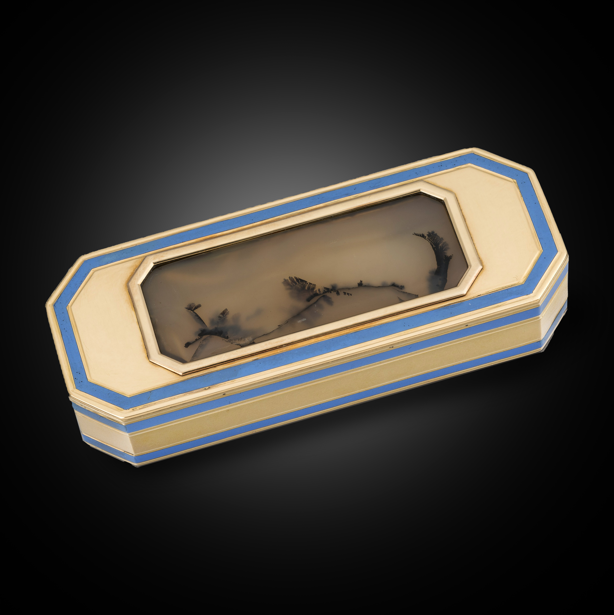 A French Late 18th Century Gold, Enamel & Moss Agate Box