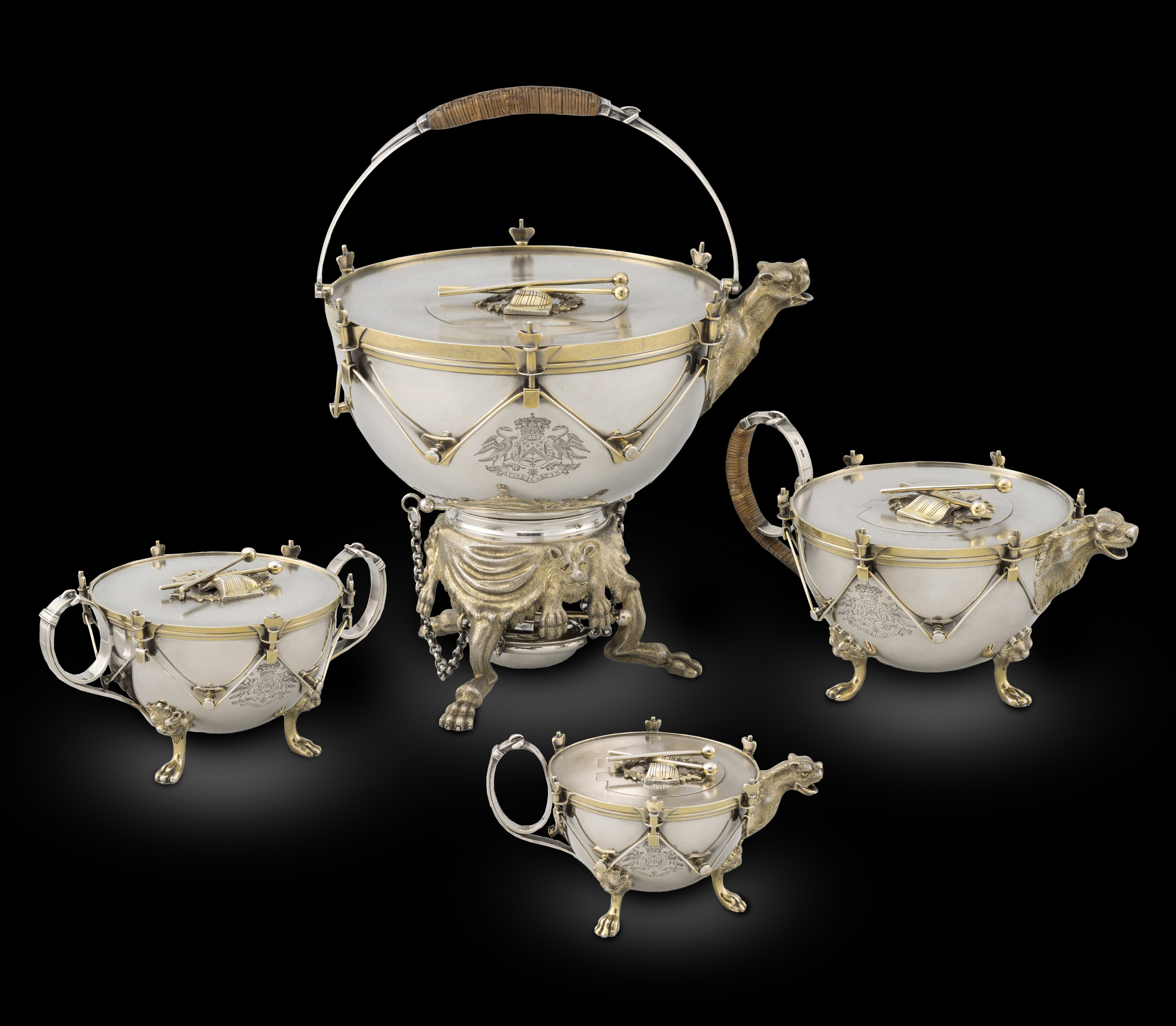 An Incredibly Rare Parcel-Gilt Novelty Four-Piece Victorian Tea Service