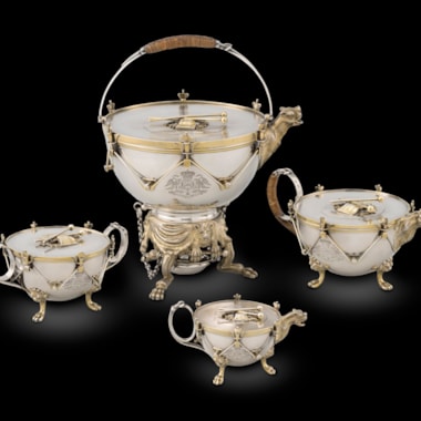 An Incredibly Rare Parcel-Gilt Novelty Four-Piece Victorian Tea Service