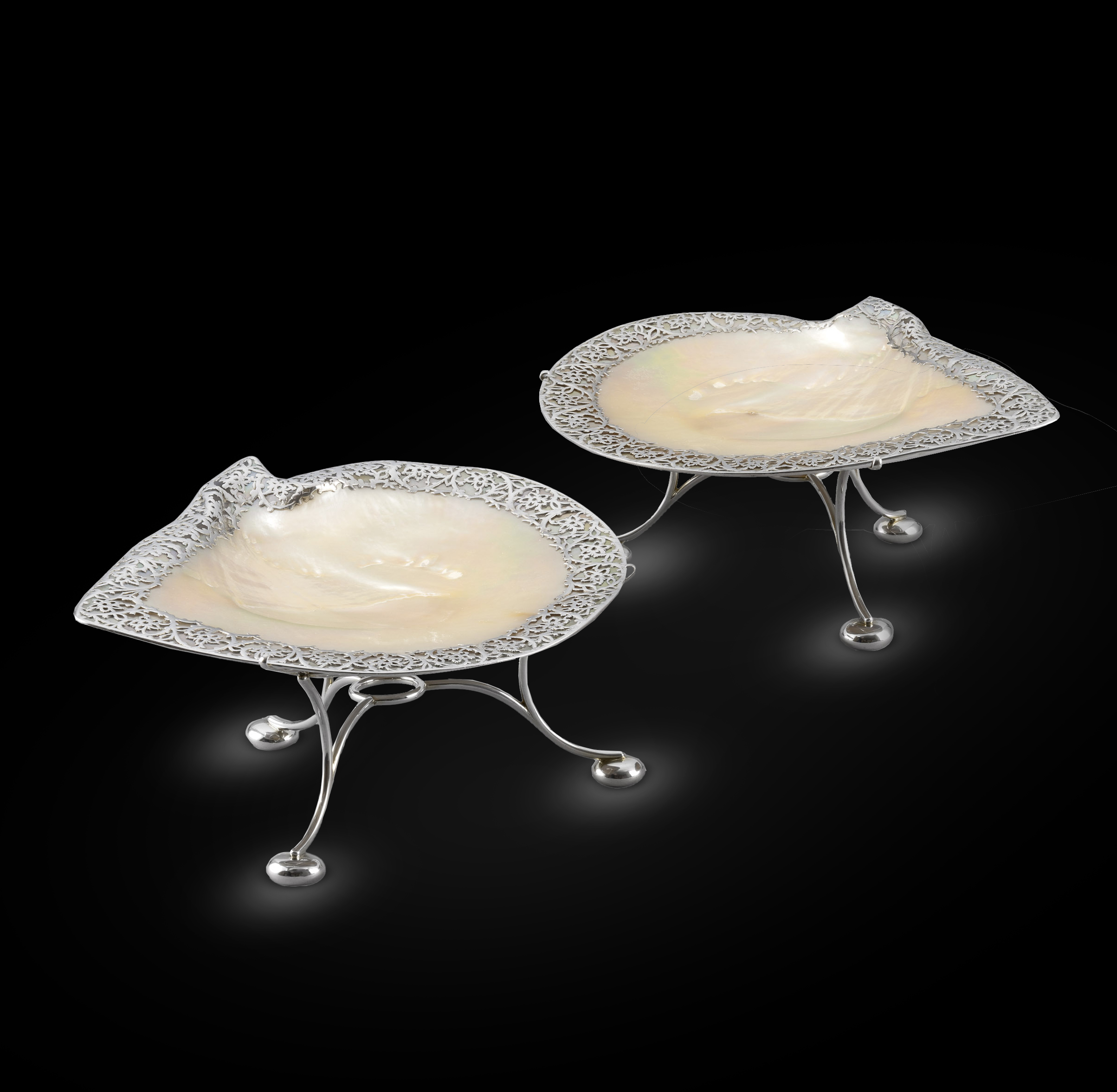 A Pair of Scottish Abalone Silver Mounted Dishes on Stands