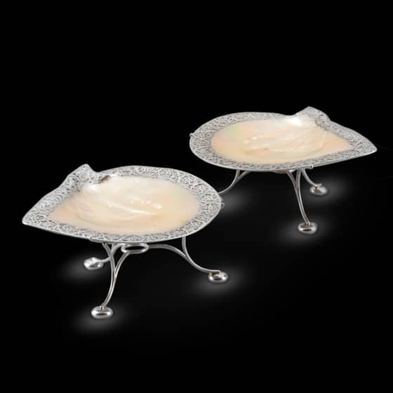 A Pair of Scottish Abalone Silver Mounted Dishes on Stands