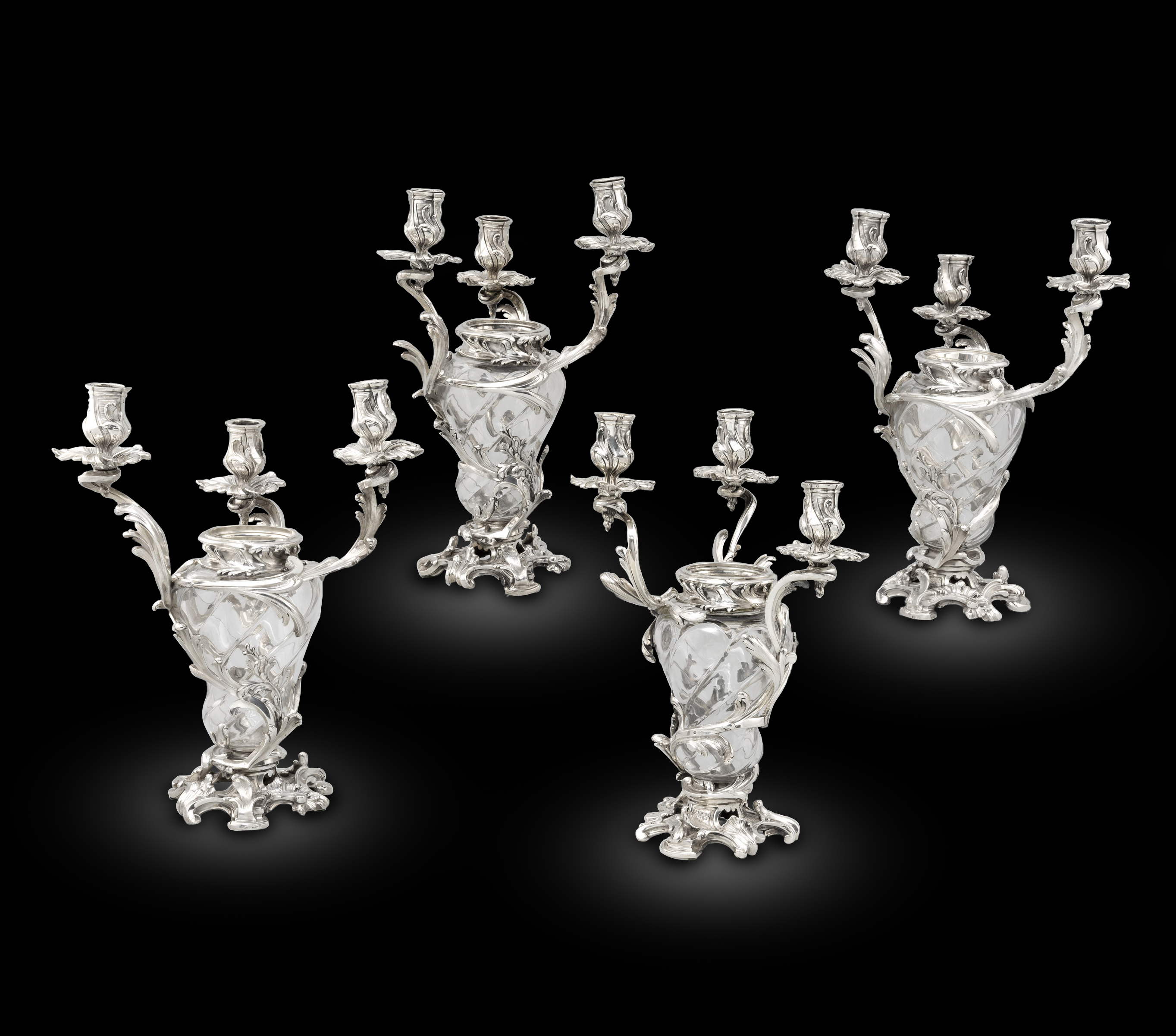 A Set of Four French Silver-Mounted Cut-Glass candelabra, Paris circa 1890 