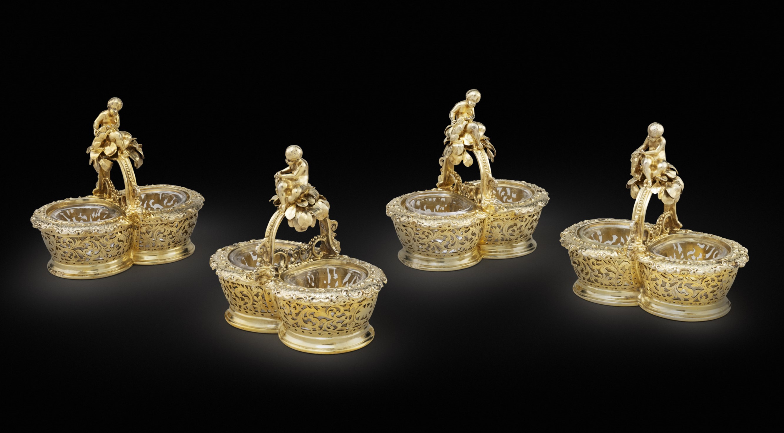 Four Victorian Silver Gilt Double Open Salt Cellar
