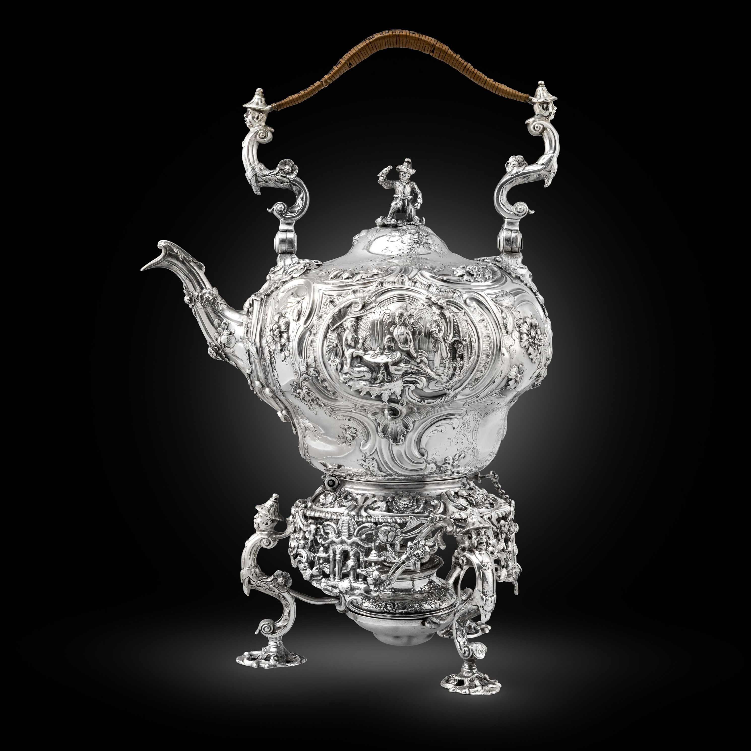 A George II kettle, stand and lamp in the Chinoiserie taste