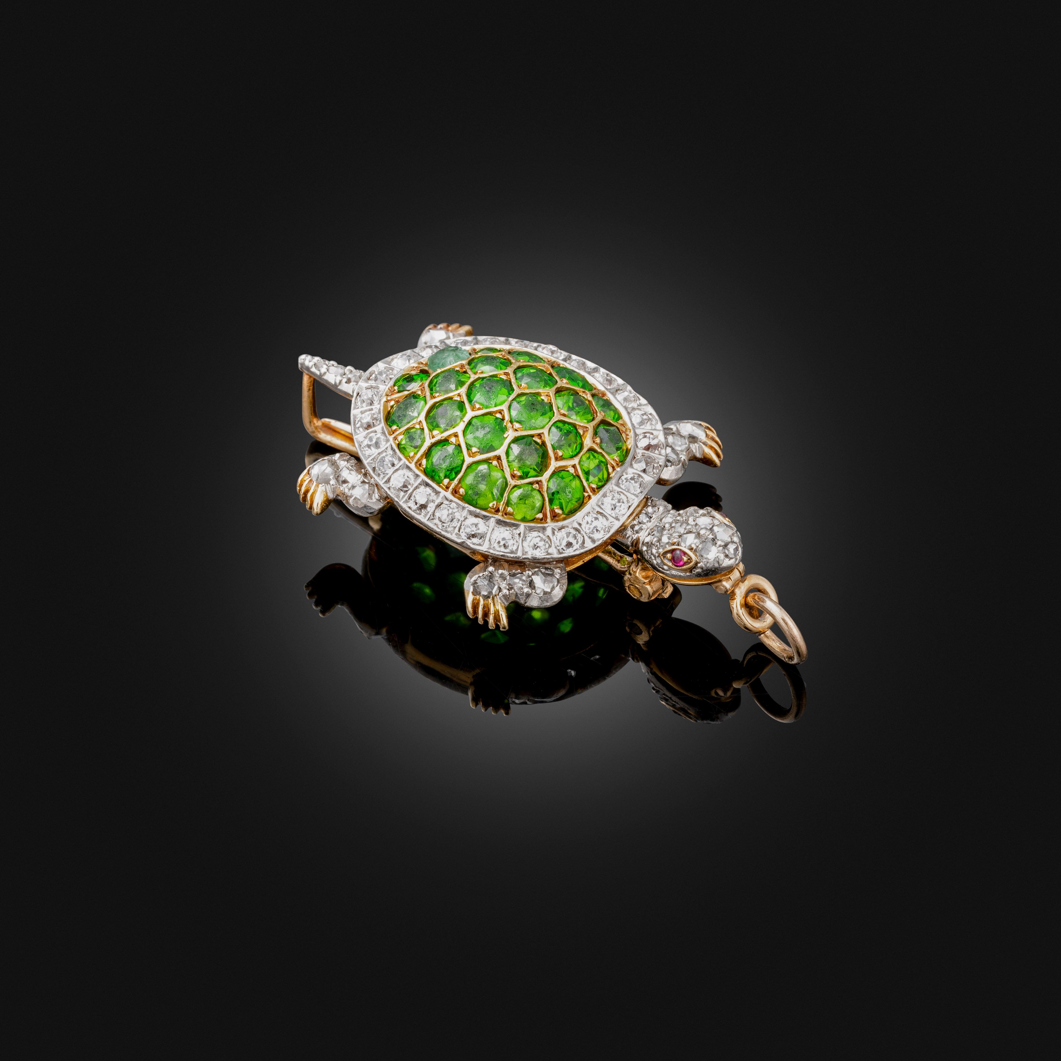 A Demantoid garnet and diamond tortoise brooch, circa 1890