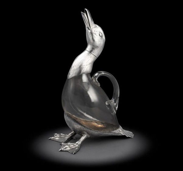 A Victorian silver mounted ‘Duck Claret Jug’