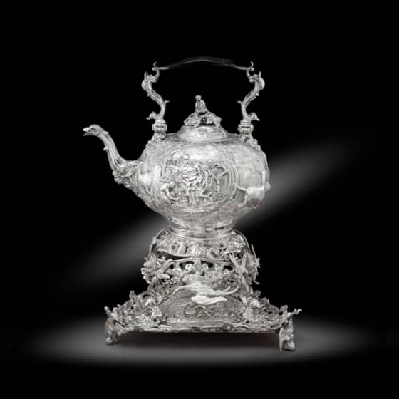 A Superb George III ‘Teniers’ Kettle, Warmer and Kettle Stand