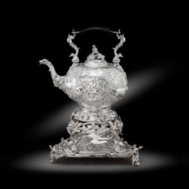 A Superb George III ‘Teniers’ Kettle, Warmer and Kettle Stand