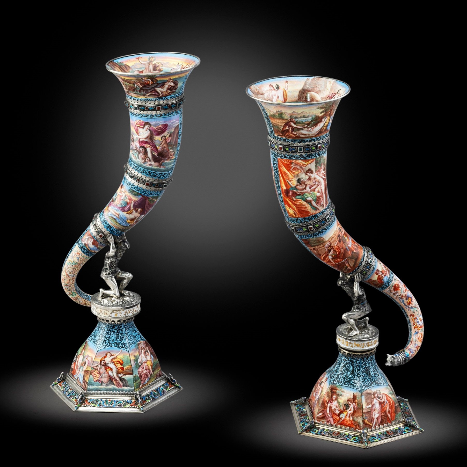 A Pair of 19th Century Viennese Silver and Enamel Mounted Cornucopia