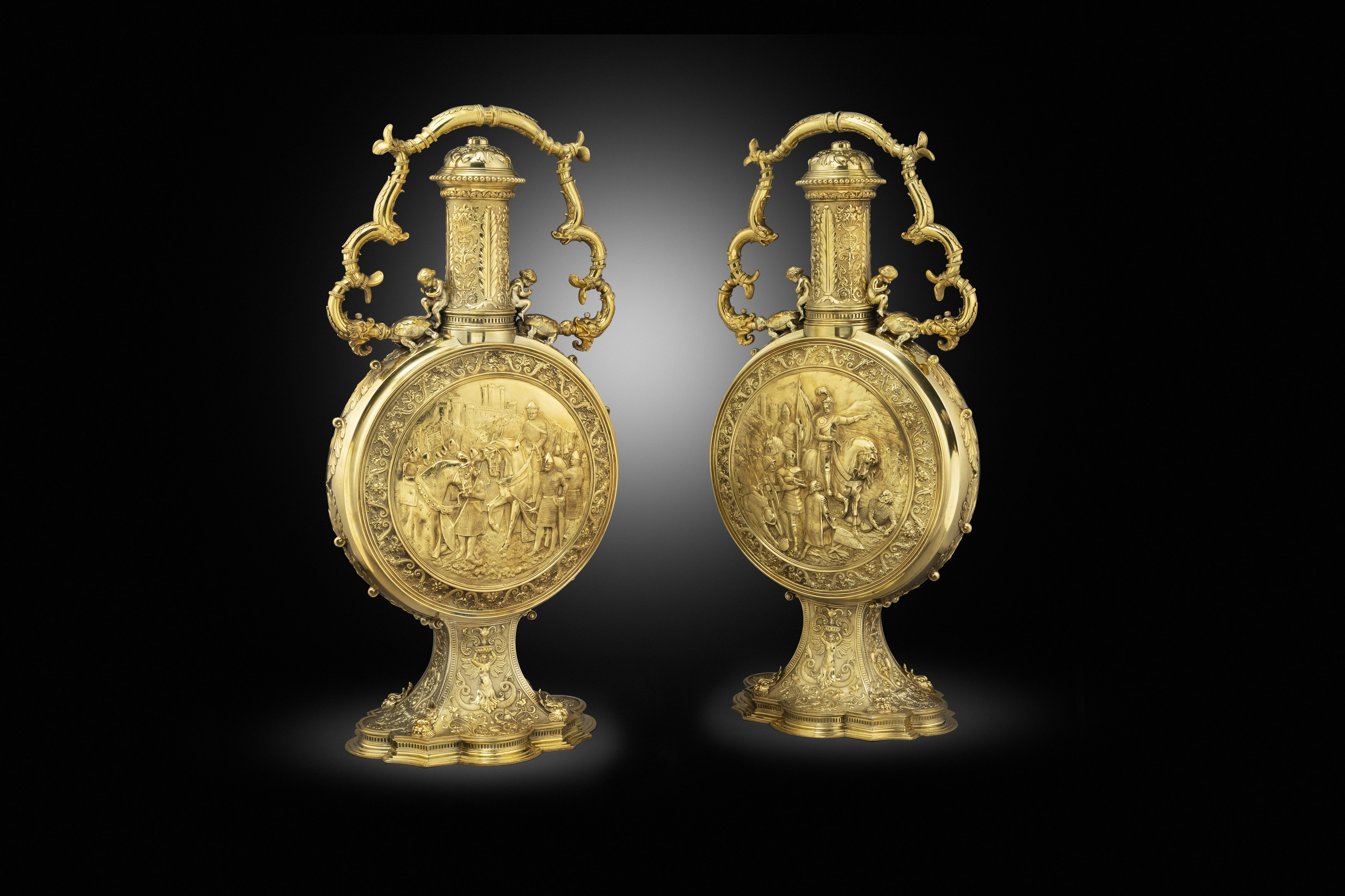 A Pair of Victorian Silver-Gilt Pilgrim Flasks