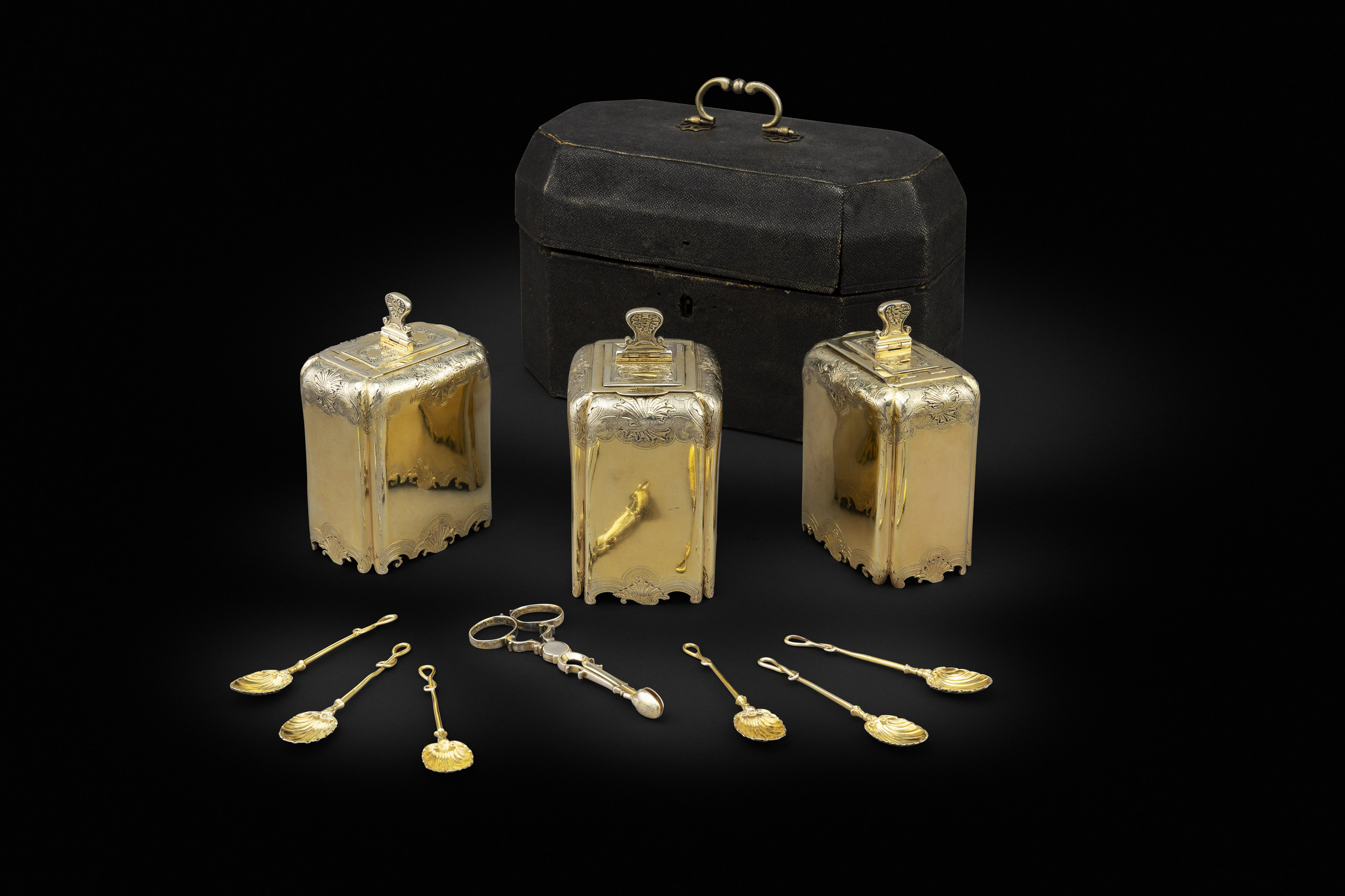 A George II Silver-Gilt Caddy Set In Case